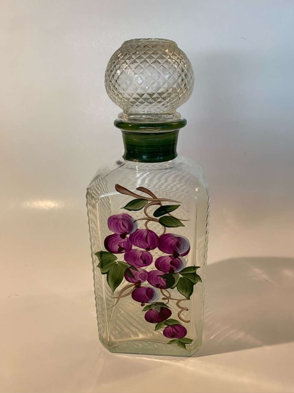 Vintage Hand Painted Glass Decanter Green Neck Grapes Diamond Stopper Barware